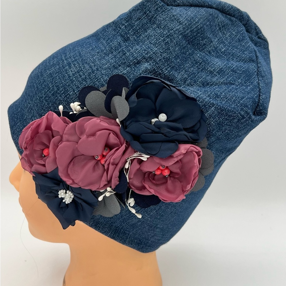 Hand made slauchy beanie hat decorated with fabric flowers